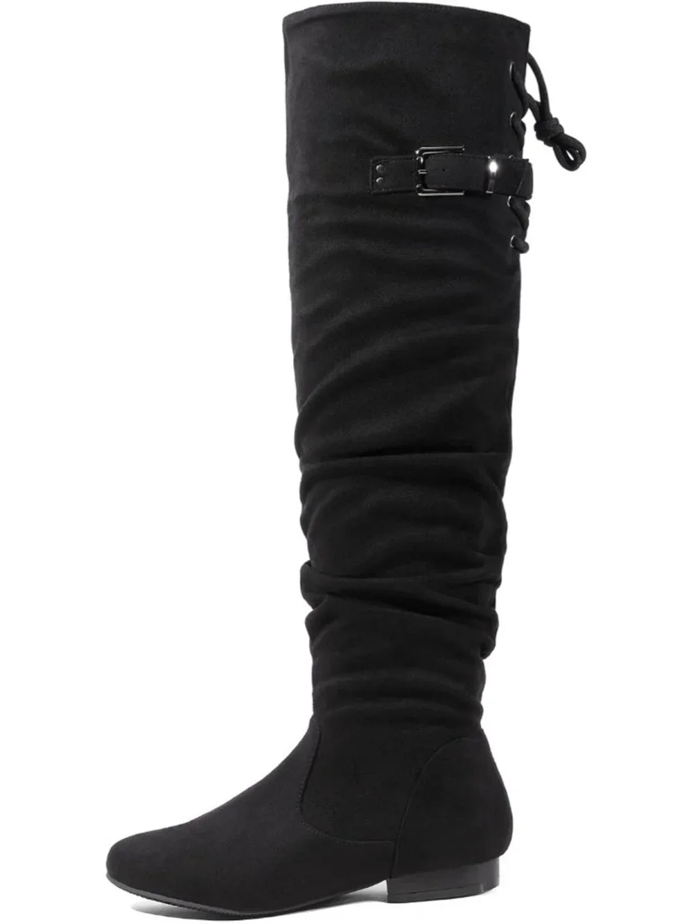 Women's Black Flat Heel Pointed Toe Slouch Over The Knee Thigh High Boots